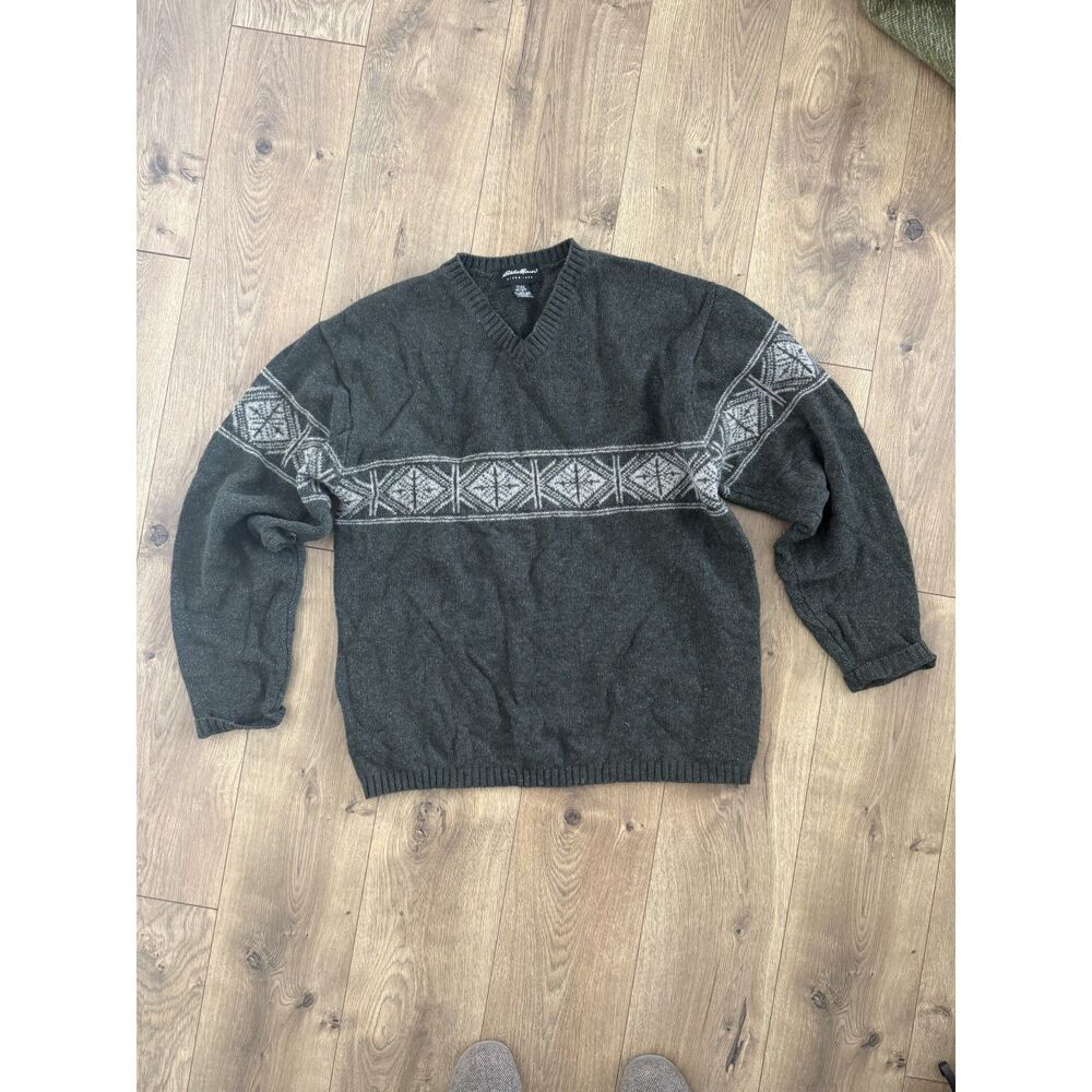 EDDIE BAUER Vintage VTG L Wool Cotton Pullover Sweater Grey Snowflake nordic ski